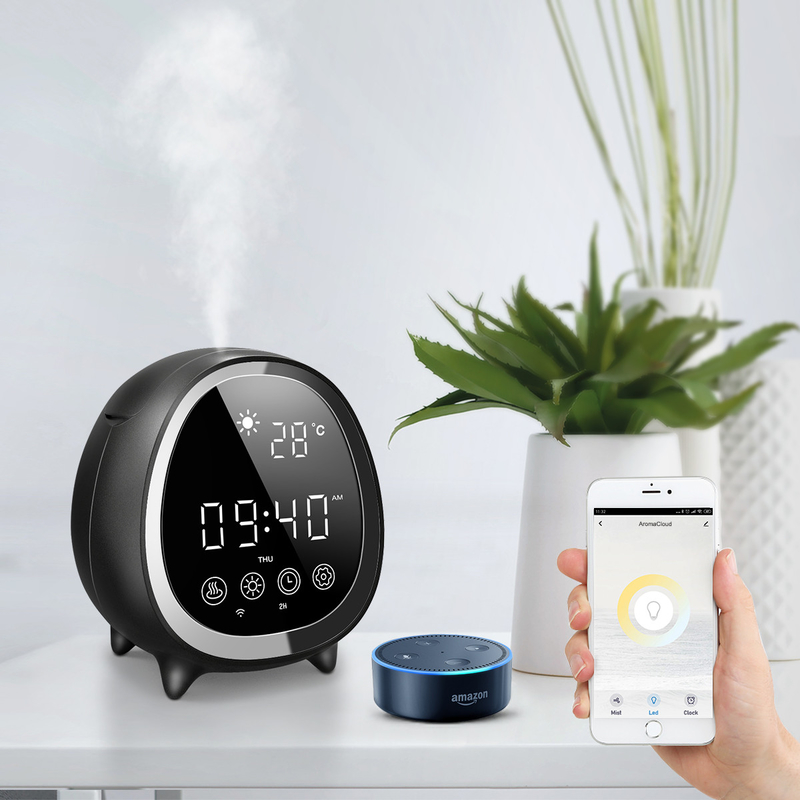 Smart Home Ultrasonico Cool Mist Aromaterapia Diffusore di olio essenziale con controllo tattile Orologio Display Meteo