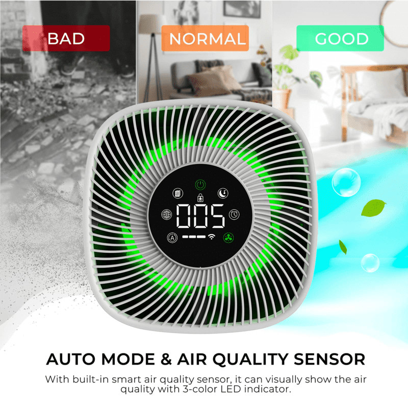 Purificatore d'aria intelligente con display PM2.5 e luce tricolore LED